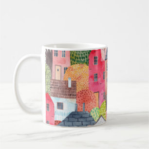 Abstract naadloos patroon met huizen. Waterverf Koffiemok