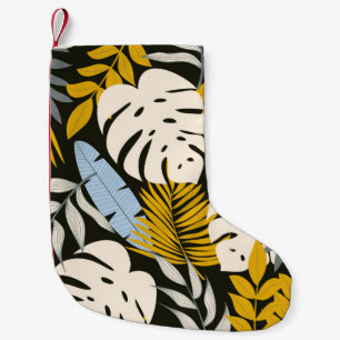 Abstract naadloos patroon met tropische bladeren e kleine kerstsok