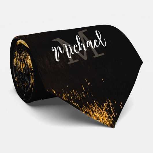 Abstract nachtlicht zee glanzend goud zwart Monogr Stropdas (Opgerold)