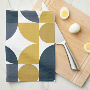 Abstract Navy Mustard geometrisch patroon Theedoek