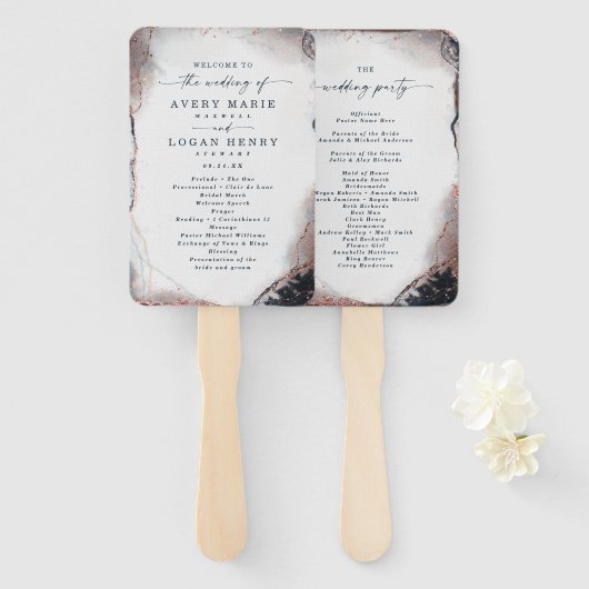 Abstract Navy & Roos Gold huwelijksceremonie progr Handwaaier (Voorkant en achterkant)