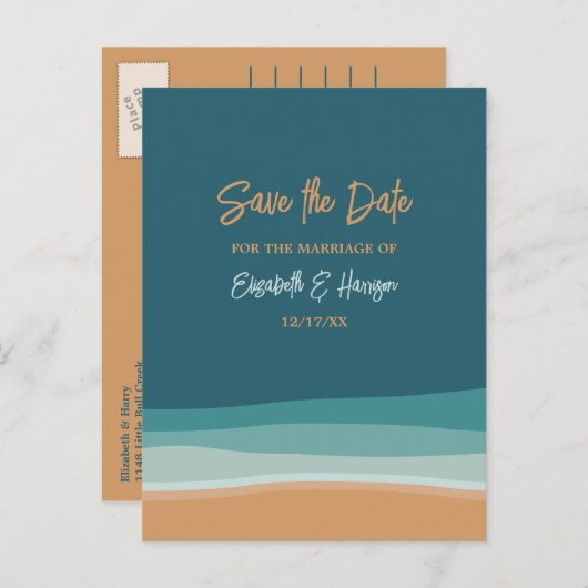 Abstract Ocean Beach Bruiloft Save The Date Aankondigingskaart (Voorkant / Achterkant)