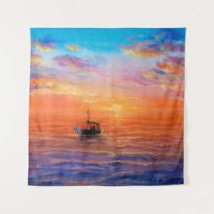 abstract olieverschilderen van vissersboten en zee wandkleed