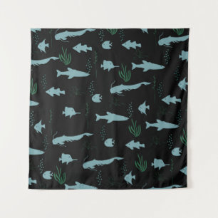 Abstract onderwaterpatroon met vissen en zeewier wandkleed