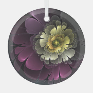 Abstract Paars Khaki Grijs Fractale Bloem Cirkel Glas Ornament