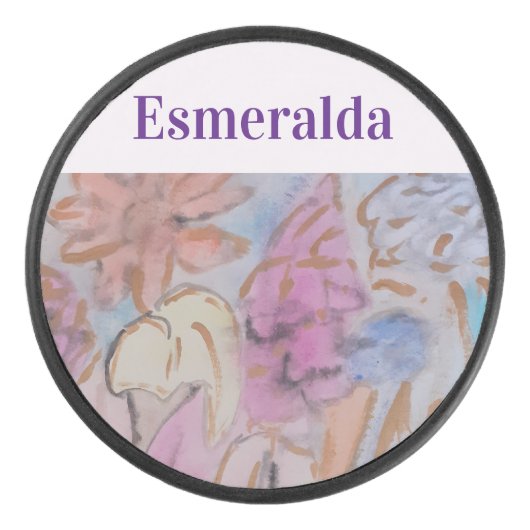 Abstract pastel bloemig gepersonaliseerd hockey puck (Voorkant)