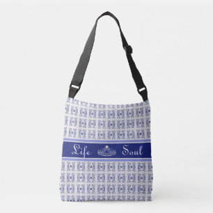 Abstract patroon en tiara in blauw en wit crossbody tas