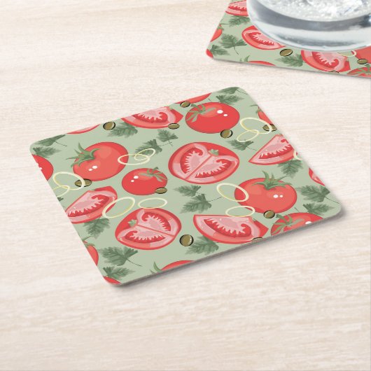 Abstract patroon met tomaat vierkante kartonnen onderzetter (Schuin)