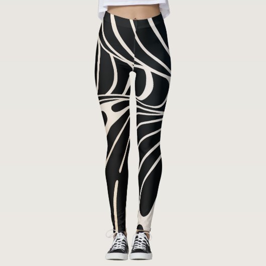 Abstract patroon met zwarte en witte golvende lijn leggings (Voorkant)