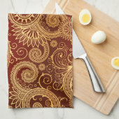 Abstract patroon van rode en goudflens theedoek (Quarter Fold)