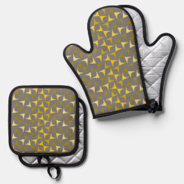 Abstract patroongeel en grijs ovenwant & pannenlap set