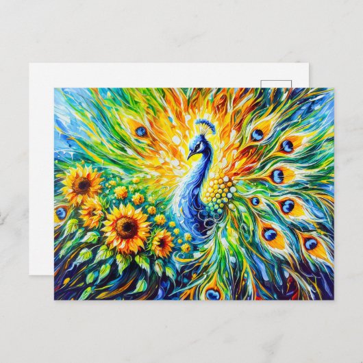 Abstract Peacock with Sunflowers in Painting Briefkaart (Voorkant / Achterkant)