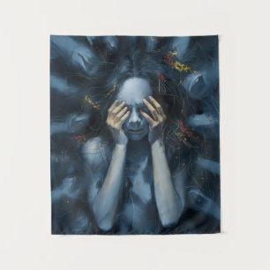 Abstract portret – surrealistische blauwe kunst wandkleed