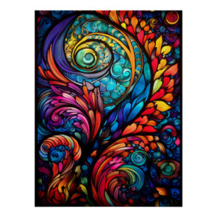 Abstract psychedelische krullen in glas-in-loodkun perfect poster