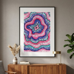 Abstract psychedelische roze blauwe golvende lijnk poster