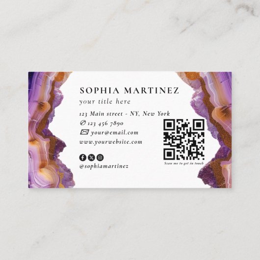 Abstract Purple Agate gold glitter marble QR Code Visitekaartje (Achterkant)