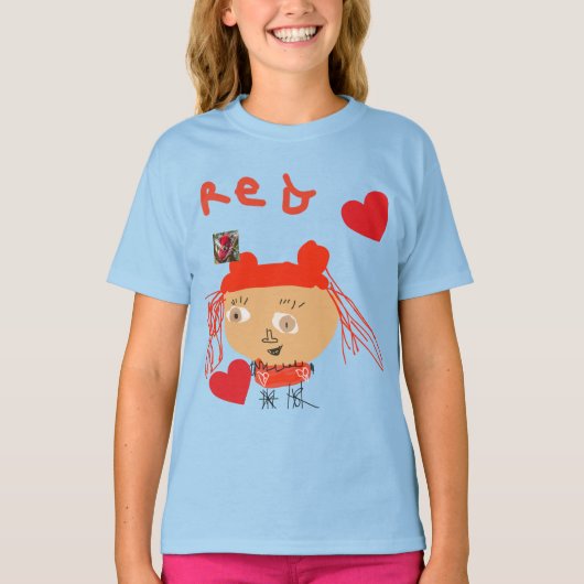 Abstract Red Girl With Hearts on Blue Kids T-shirt (Voorkant)