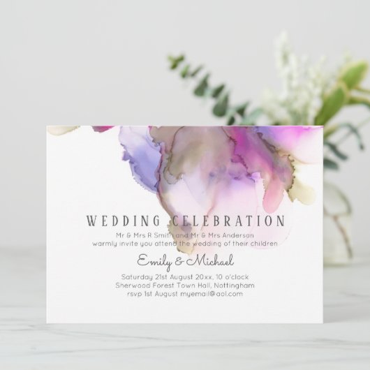 Abstract Regenboog Paarse Bruiloft Kaart (Staand voorkant)