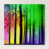 Abstract regenboogbos en zwarte silhouetbomen legpuzzel (Horizontaal)