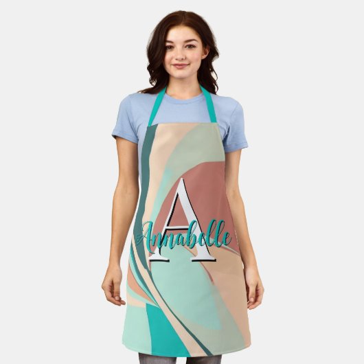 Abstract Retro Modern Peach Rust Blauwgroen Monogr Schort (Gedragen)