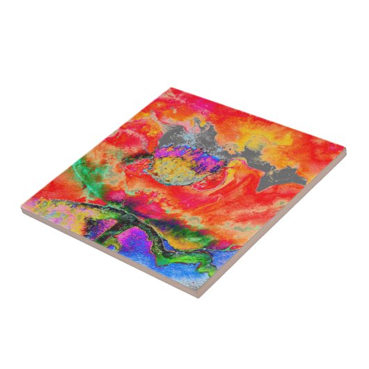 Abstract rood bloemenrood papaver kunst waterverf tegeltje (Zijkant)