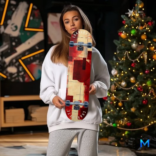 Abstract rood en beige geometrisch skateboard dek