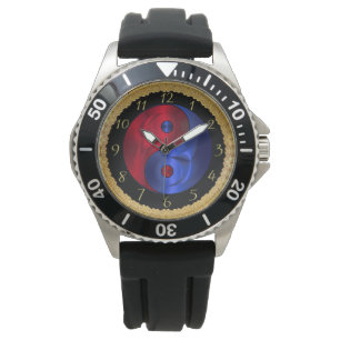 Abstract rood en blauw geometrisch Yin en Yang 4 Horloge