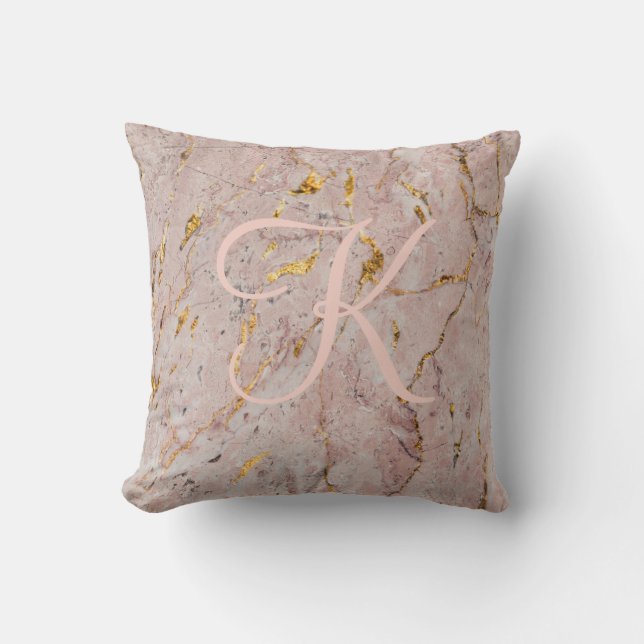 Abstract Roos Gold Marble Monogram Kussen (Voorkant)