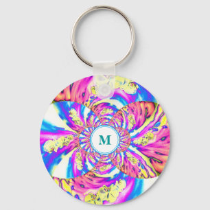 Abstract roze blauw retro bloemen mandala monogram sleutelhanger
