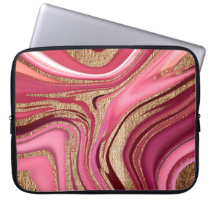 Abstract roze vloeibare marmer met glitter goud laptop sleeve