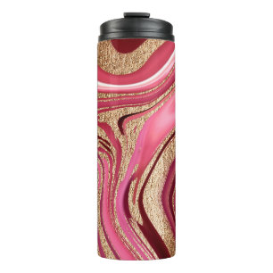 Abstract roze vloeibare marmer met glitter goud thermosbeker