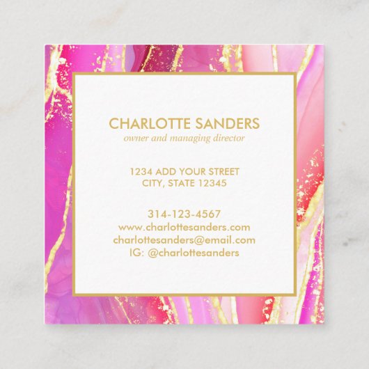 Abstract Roze Waterverf Gouden Splatter Vierkante Visitekaartje (Achterkant)
