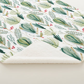 Abstract Scandinavian Christmas Foliage Sage Green Sherpa Deken