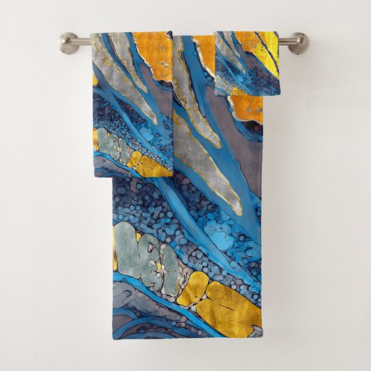 Abstract schilderen, strepen, goud, zilver, blauw bad handdoek (Insitu)