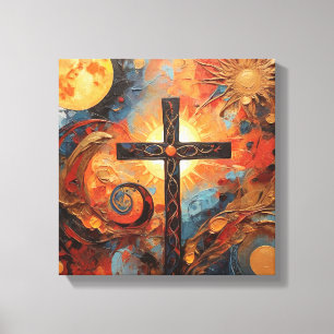 Abstract schilderij met Sun Moon en Cross Canvas Afdruk
