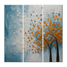 Abstract schilderij van twee bomen met oranje blad