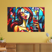 Abstract schilderij van vrouw genieten van wijn op canvas afdruk (Insitu (Woonkamer))