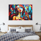 Abstract schilderij van vrouw genieten van wijn op canvas afdruk (Insitu (Slaapkamer))