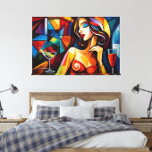 Abstract schilderij van vrouw met glaasje fruit canvas afdruk (Insitu (Slaapkamer))