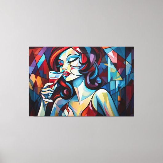 Abstract schilderij vrouw nippen wijncanvas print (Voorkant)