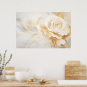 Abstract schilderij - Witte roos en gouden achterg Poster (Keuken)