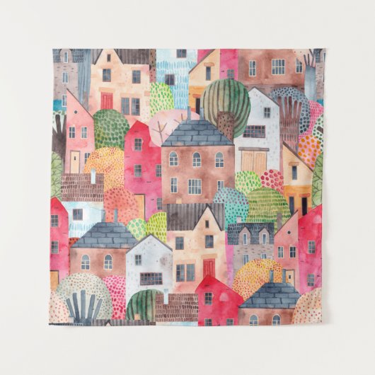 Abstract seamless pattern with houses. Watercolor  Wandkleed (Voorkant)