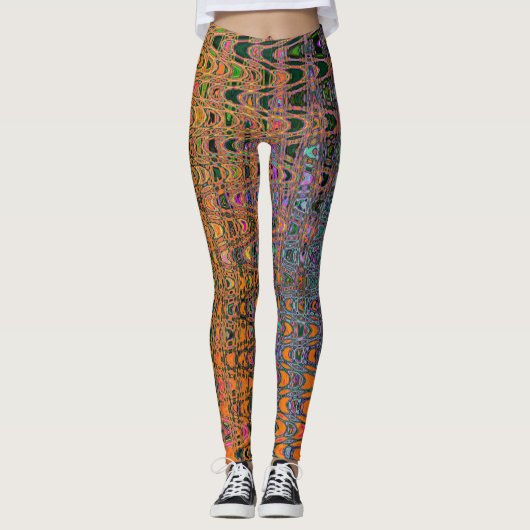 Abstract Sinaasappel en Aqua Retro Boomerang Waves Leggings (Voorkant)