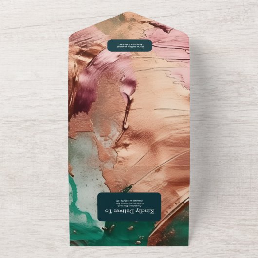 Abstract smaragdgroen roos gouden bruiloft all in one uitnodiging (Buitenkant)