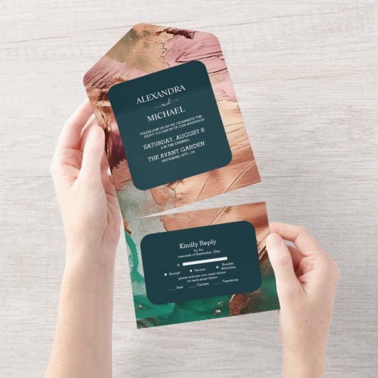 Abstract smaragdgroen roos gouden bruiloft all in one uitnodiging (Afscheurbaar)