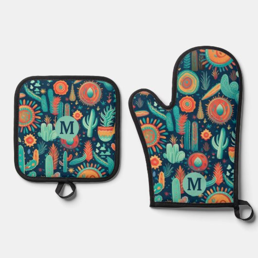 Abstract Sonoran Desert Pattern Monogram Ovenwant & Pannenlap Set (Voorkant)