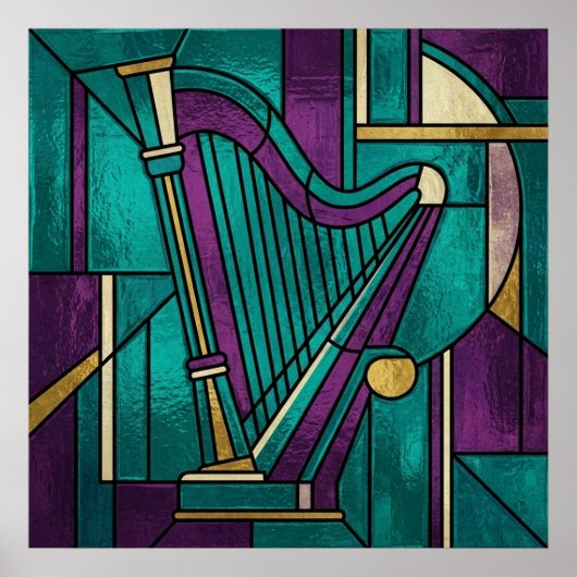Abstract Stained Glass Harp Poster Teal and Purple (Devant)