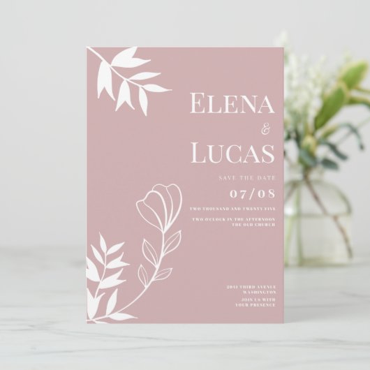 Abstract stoffig roos wit schets bloemenbruiloft kaart (Staand voorkant)