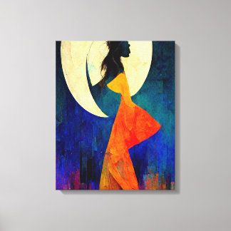 Abstract strand-meisje met volle maan canvas afdruk