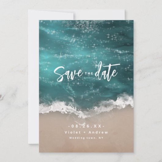 Abstract strand van mousserende oceaan save the date (Voorkant)